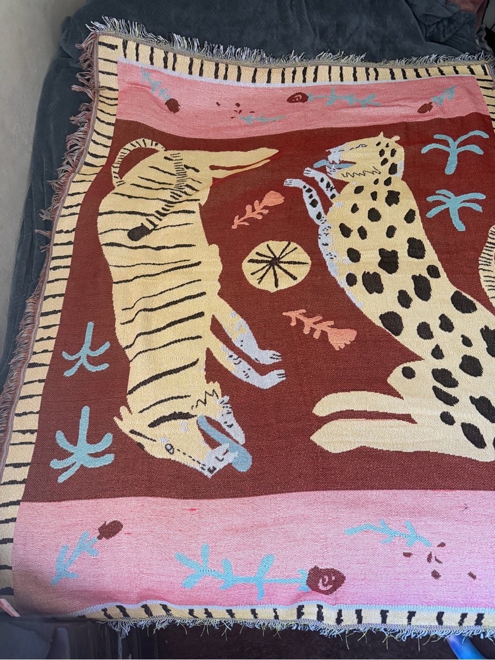 Safari Tiger & Leopard Woven Throw Blanket Fringe Tapestry 50” x 60”